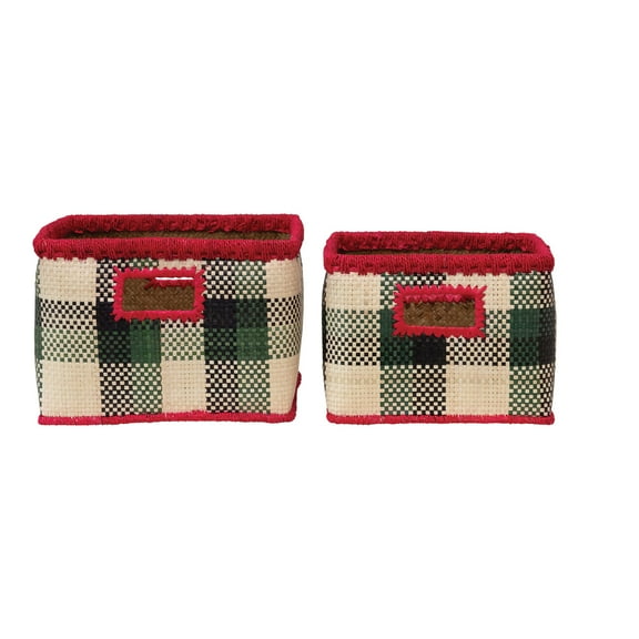 Creative Co-Op Hand-Woven Seagrass Baskets with Check Pattern & Fuchsia Trim, Black, Green & Natural, Set of 2