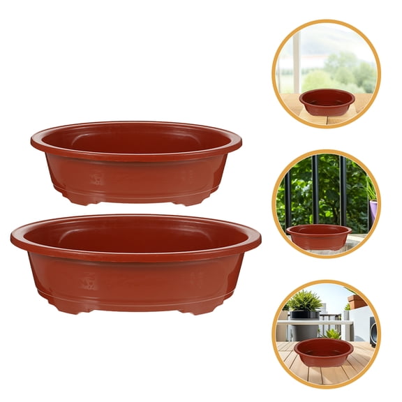 BESTYASH 2Pcs Oval Plastic Bonsai Training Pots Light Brown Shallow Planter for Garden and Balcony