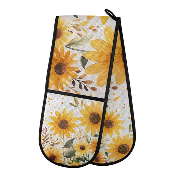 Yayeee Double Oven Mitt Kitchen Heat Resistant Baking 35" x7" Quilted Glove, Beige Sunflowers