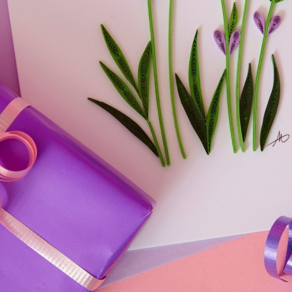 Vietnam Hand Quilled Paper Purple Lavender Flowers Greeting Card