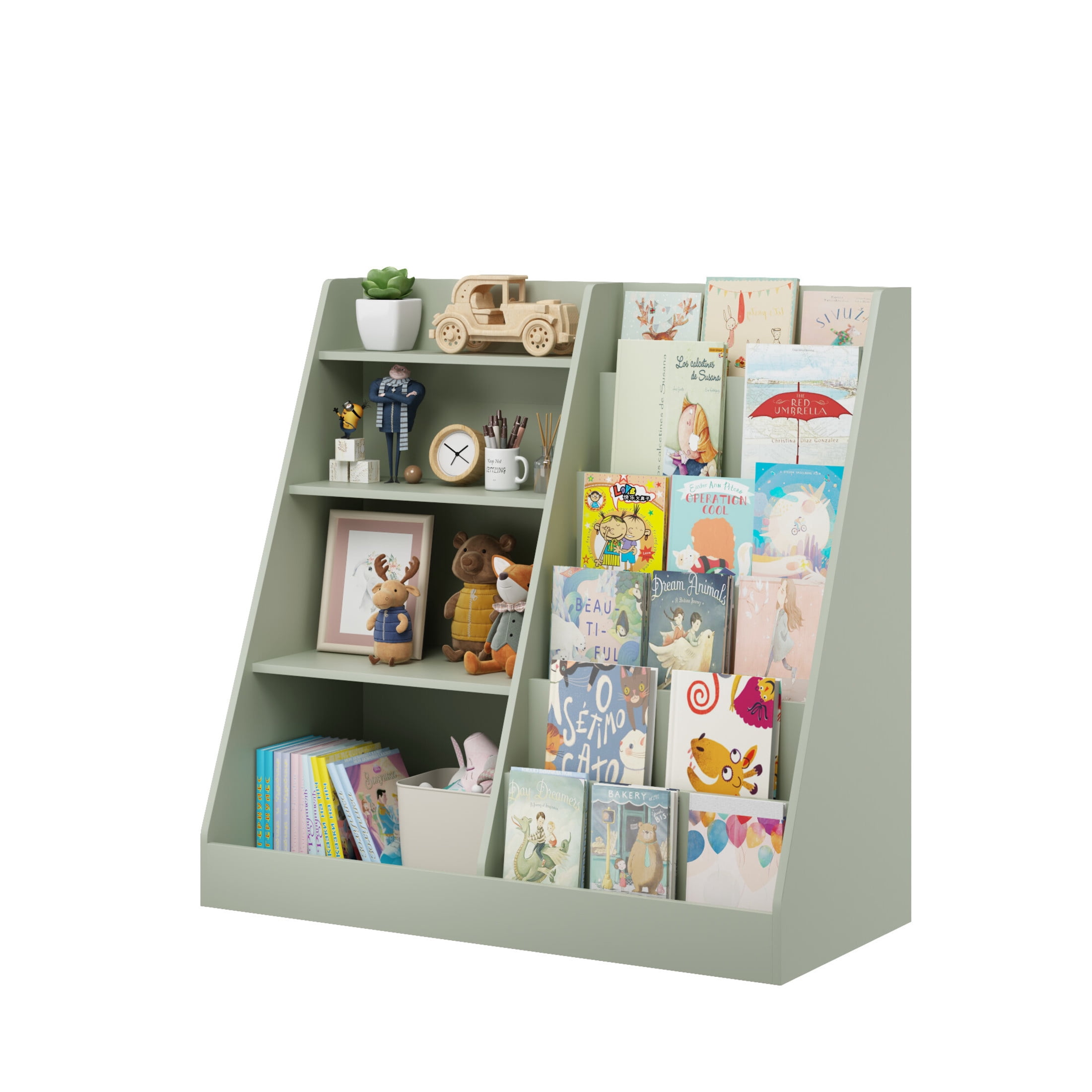Noble House Aldo 4-Tier Wooden Bookshelf, Multifunctional  Toy Storage Organizer in Kids Room, Display Stand, Sage