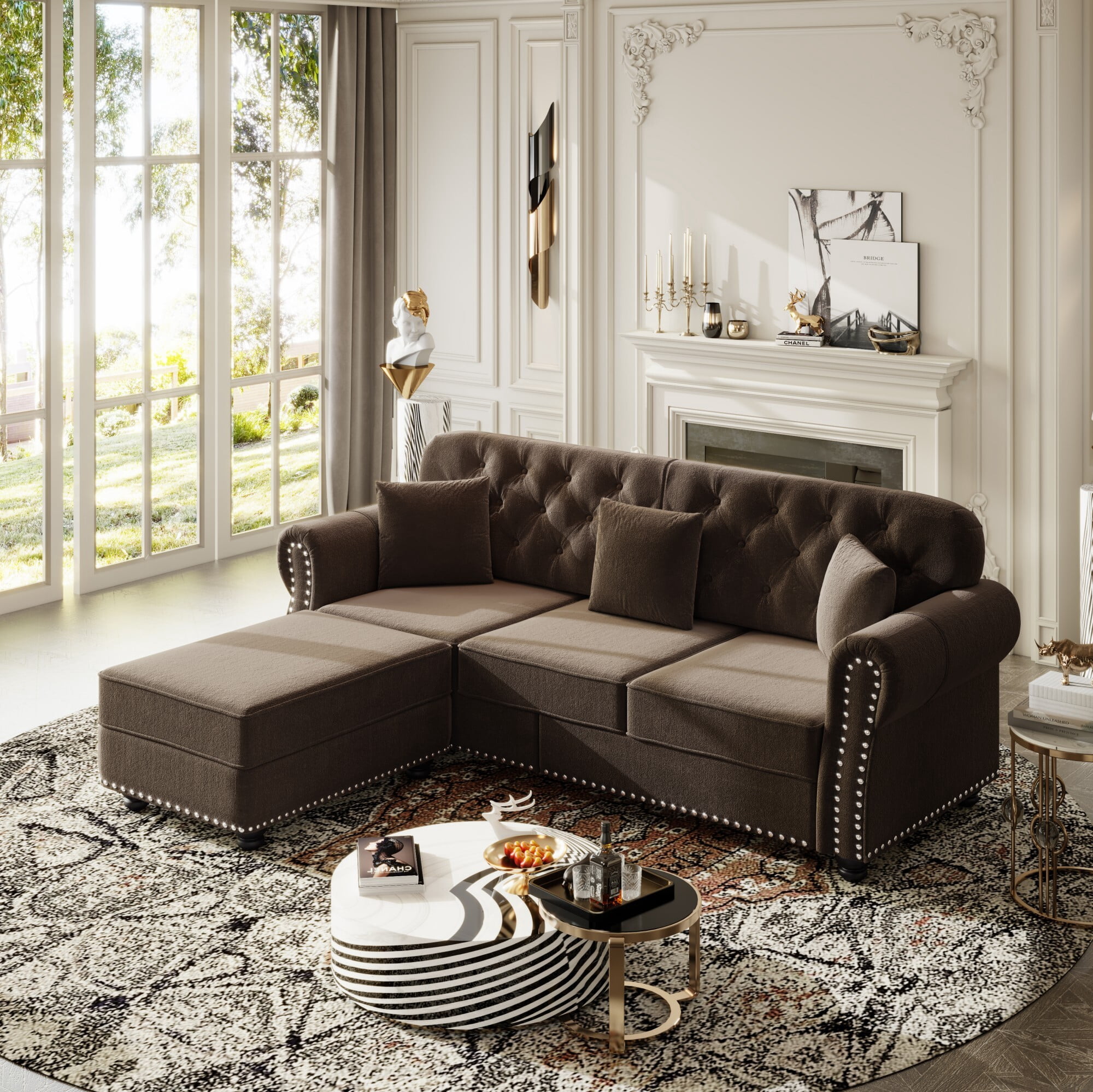 DEALTOPS 82.6 Inch Reversible Chesterfield Velvet Sectional Sofa Couch with Ottoman, Tufted Nailhead Trim, Brown