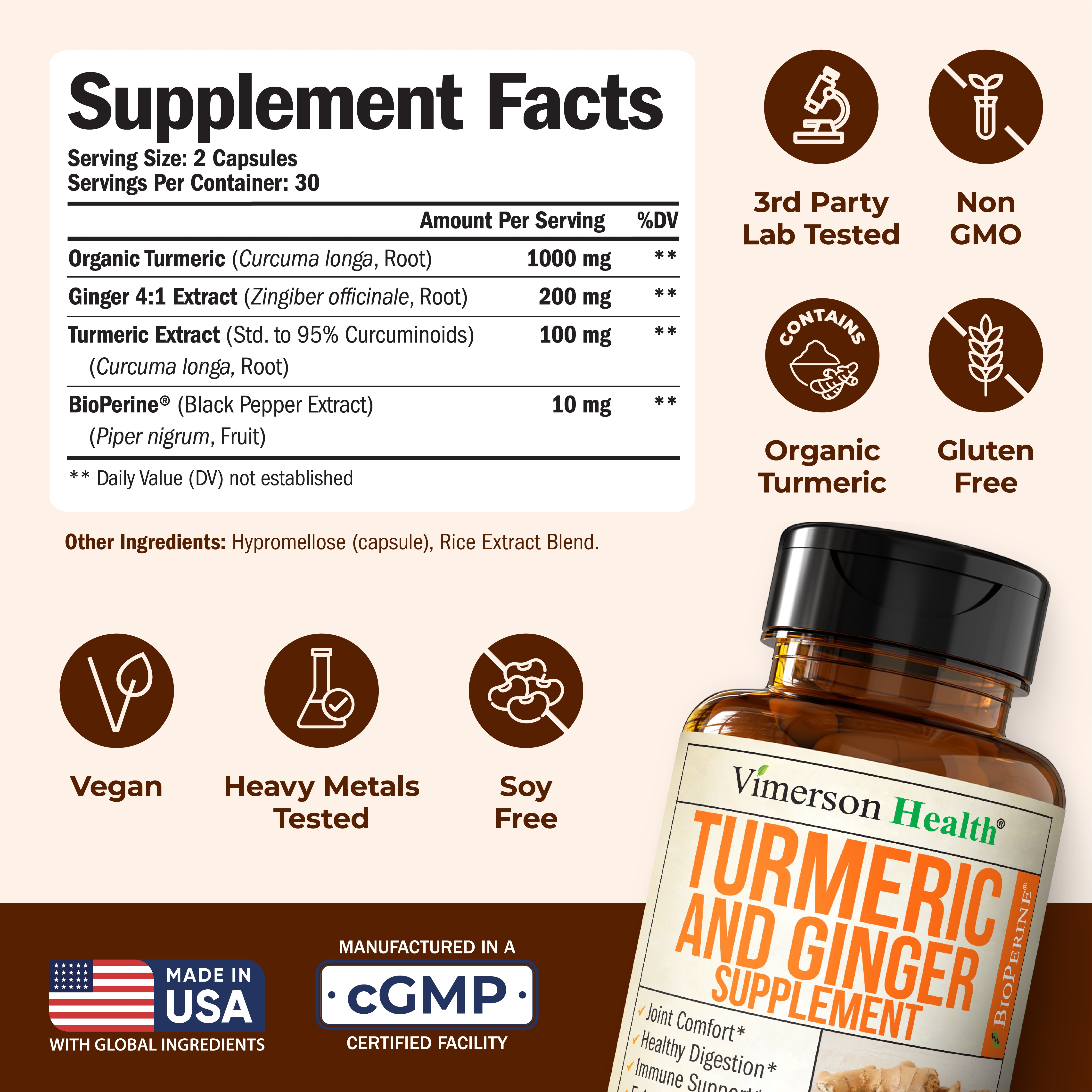 Vimerson Health Turmeric Supplement with Ginger Root & Black Pepper for Enhanced Absorption – Daily Joint, Digestion & Immune Support – 60 Capsules