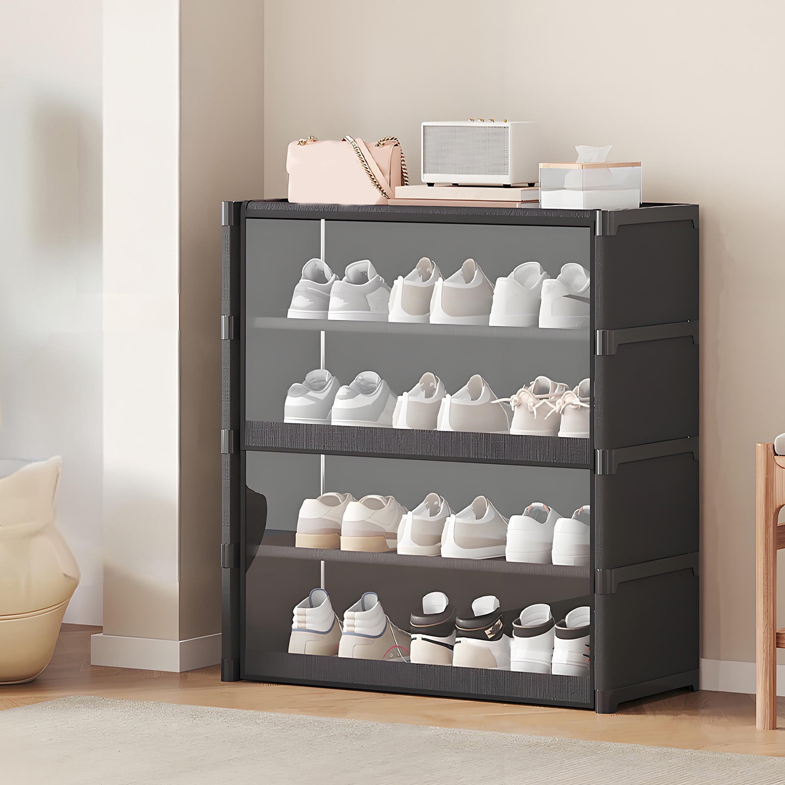 Ycandiee Shoe Cabinet, 4 Tier, shoe Storage, vertical Shoe Rack For Small Spaces, Tall Narrow Shoe Cabinet Organizer For Closet Entryway, free Stacking, Free Design To Save Space Shoe Shelf