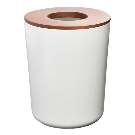 iDesign Bathroom Vanity Trash Can, 2.2 Gallon Round Steel and Wood Lid Garbage Bin, Coconut White