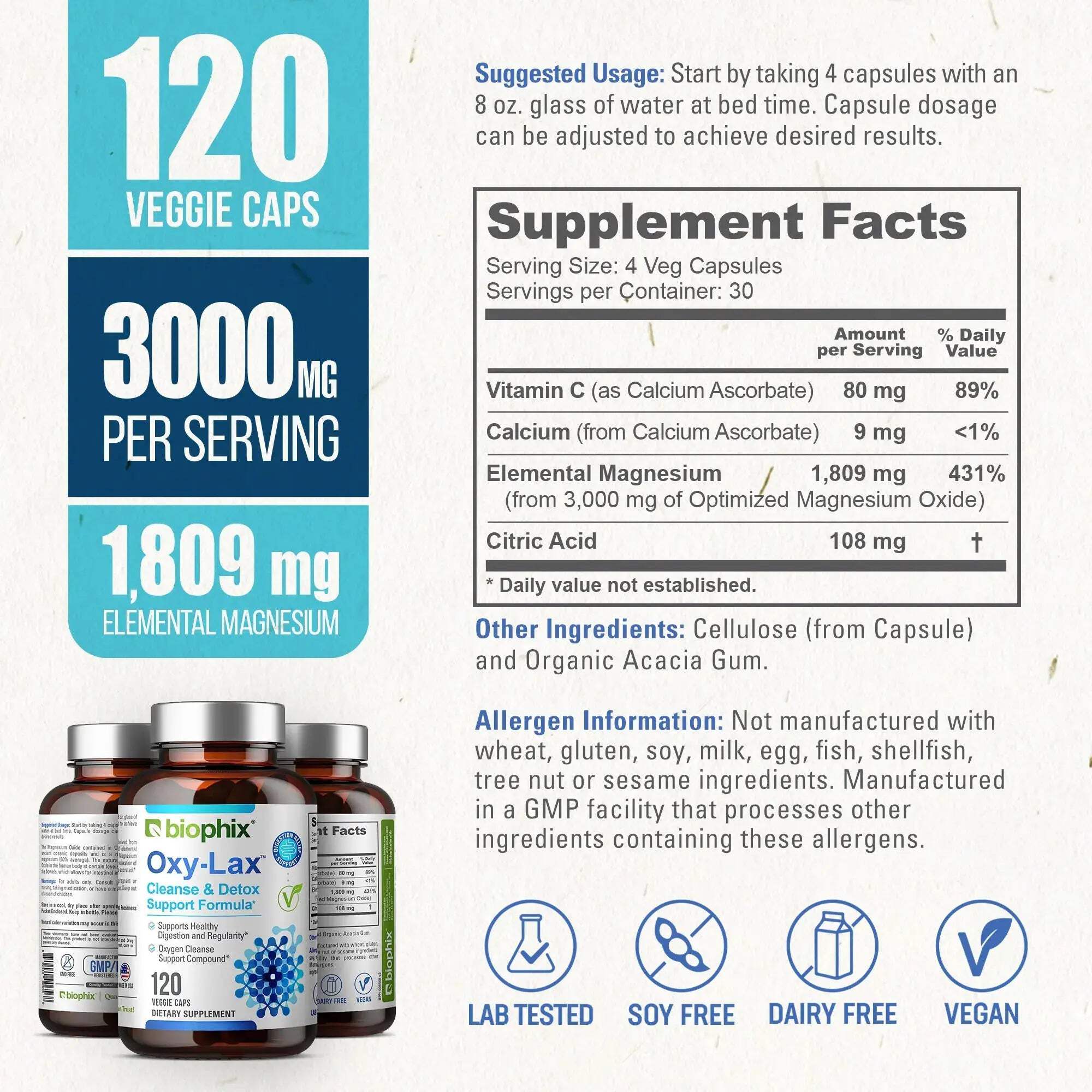 biophix Oxy-Lax 750 mg 120 Vcaps - Free Vitamin D-3 5000 IU 30 Softgels - Natural Magnesium Oxide Oxygen Based Colon Cleanse Gentle Laxative Supports Healthy Digestive Tract Regularity
