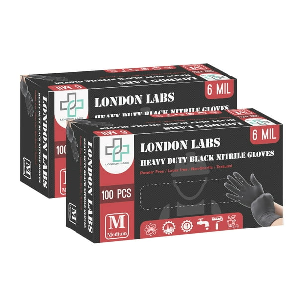 London Labs Heavy Duty Black Nitrile Gloves 6Mil Disposable Industrial