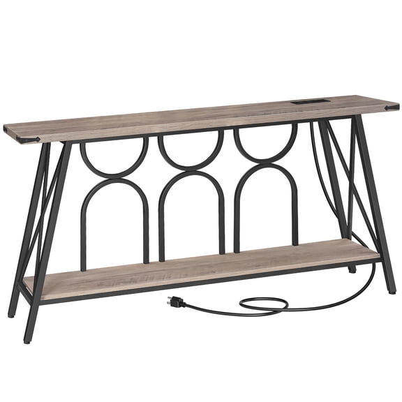HOOBRO 60.3" Console Table with Charging Station & Metal Frame, Greige and Black