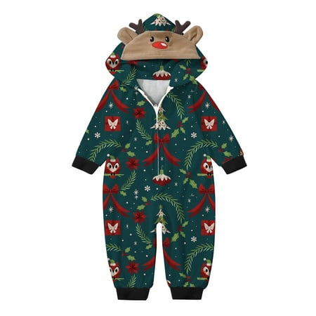 

Christmas Pjs for Family Christmas Pajamas Hooded Jumpsuit Cute Reindeer Print Match Sets Baby s Family Matching Outfits Green 18M