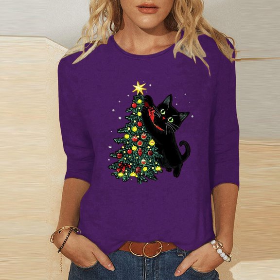 LEKWK Xmas Clothes for Women Xmas Tree Crew Neck 3/4 Sleeve Tops Red Shirts for Women Winter Christmas Tank Top Women