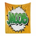 thumbnail image 1 of Jacob Soft Flannel Fleece Blanket, Personal Male Name in Green Shades on Comic Burst Effect Illustration, Cozy Plush for Indoor and Outdoor Use, 50" x 60", Marigold Green and White, by Ambesonne, 1 of 6
