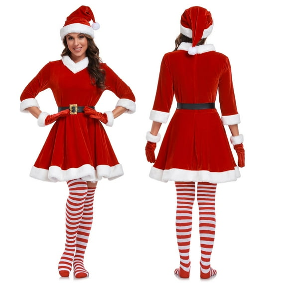 Women Christmas santa Set 5 Piece Sexy Santa Red Dress with Hat Belt Gloves and Socks