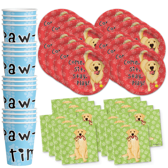 Golden Retriever Birthday Party Supplies - Pawprint Paper Plates - Dog Party Tableware Set Includes Plates Napkins Cups - Kit for 16