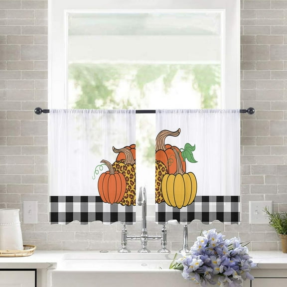 Sheer Curtains 54 inches Long, Leopard Pumpkin on Black and White Plaid Fall Light Filtering Sheer Window Curtains Rod Pocket Voile Drapes for Bedroom Living Room, 52"W x 54"L 2 Panels