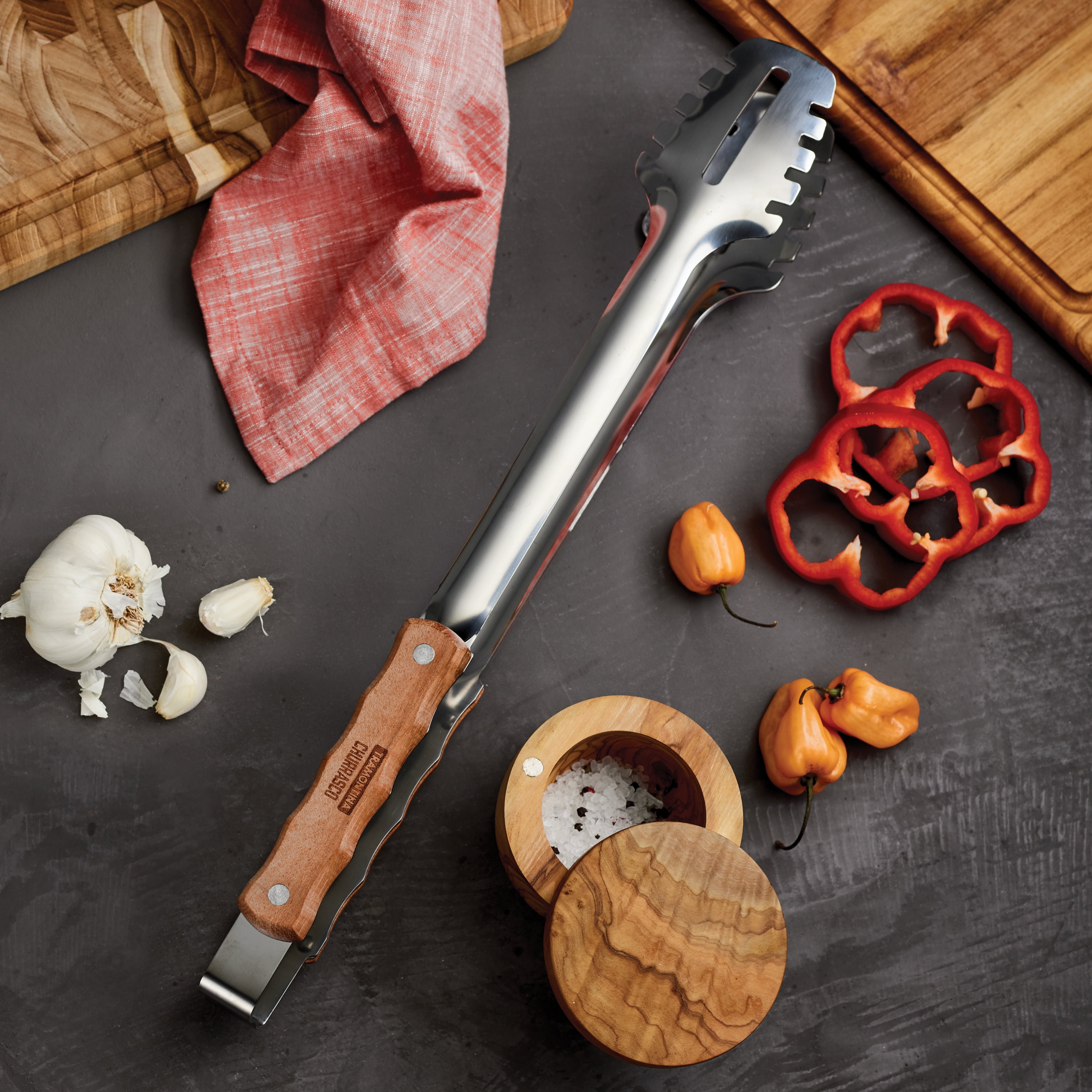 Tramontina Churrasco BBQ 3-Piece Stainless Steel BBQ Tool Set with Wood Handles, Includes Spatula, Tongs & Grill Brush