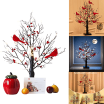 Vintage Glowing Tree with Cardinals and Berries, Aparntetit Led Vintage Glowing Tree, Red Bird Tree Fairy Led Light, 21In Twinkle Tree Lamp with Lighted Branches, for Halloween, Christmas (2Pc)