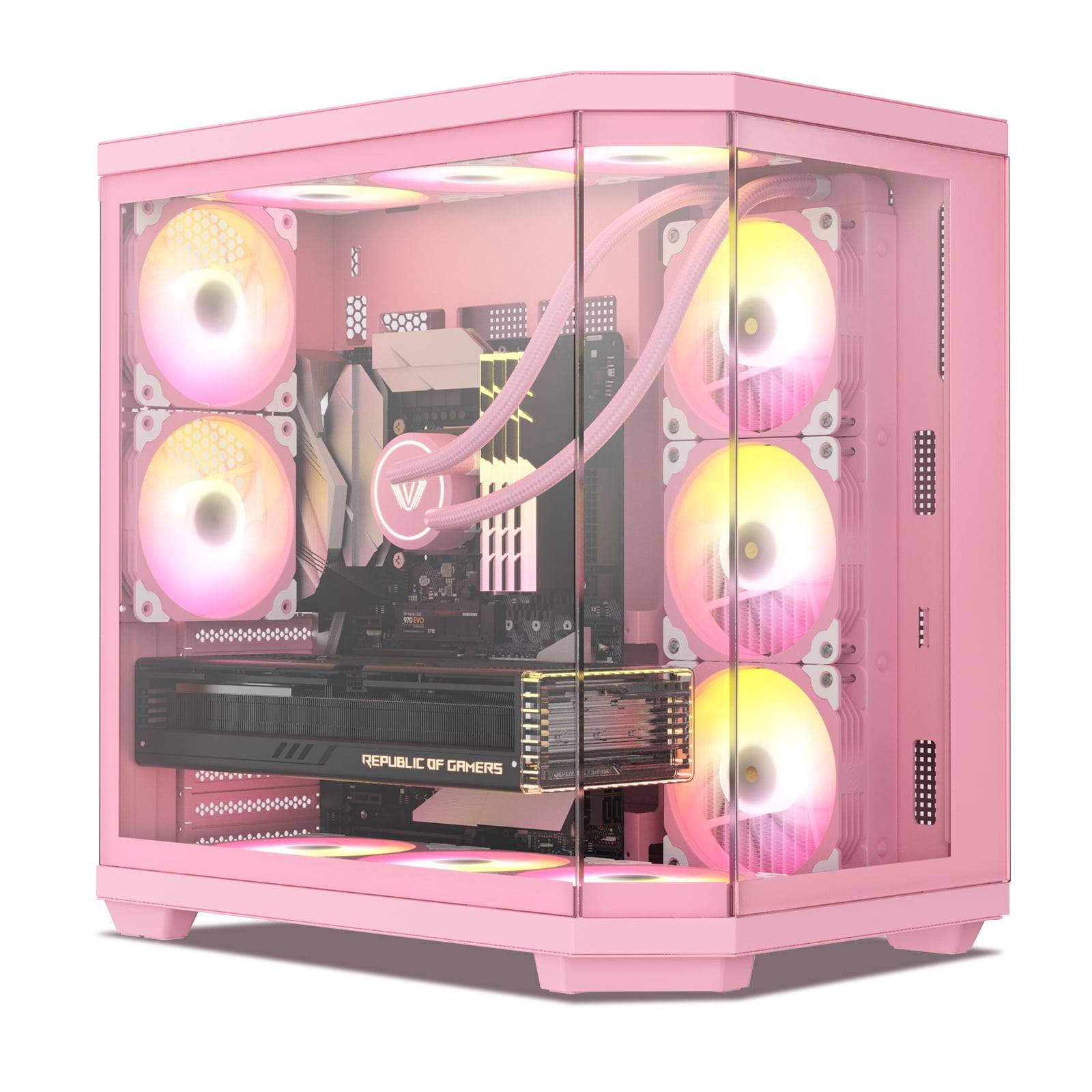 Vetroo CT3 ATX Mid-Tower Gaming Computer PC Case, Triple-Sided Tempered Glass Panoramic View, Supports 360mm Radiator & 11 Fans, Up to 410mm GPU, Type-C Ready, High-Airflow for 50 Series GPUs - Pink