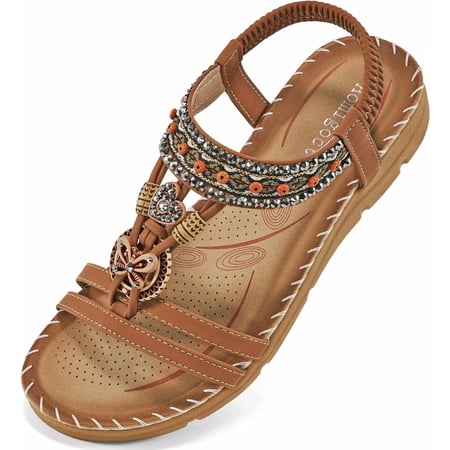Aomigoct Sandals Women Flat Shoes: Dressy Summer Bohemian Flats Shoes for Women Sandals Comfortable Ankle Strap Outdoor Walking