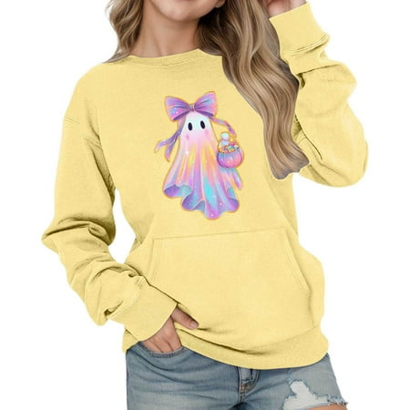 Weebloom Cute Halloween Sweatshirts For Girls Boys Oversized Hoodies Casual Long Sleeve Pullover With Pocket Drop Shoulder Loose Fit Tops Sweatshirt Loose Dailywear Yellow