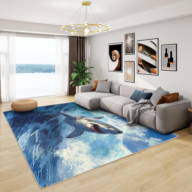 Shark Rug for Kids Room - 3x4 Rug - Shark Rug - Sea Animal Ocean Wave Area Rug - Kids Boys Nautical Rugs - Blue Marine Life Carpet