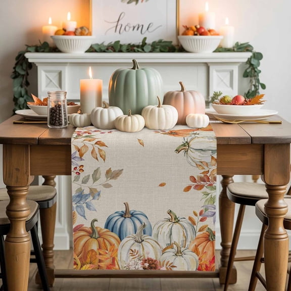 Orange Blue Thanksgiving Fall Cotton Linen Table Runner, Washable Table Runners for Kitchen, Dining Room, Holiday, Home Party Table Decor, 13x48 Inches