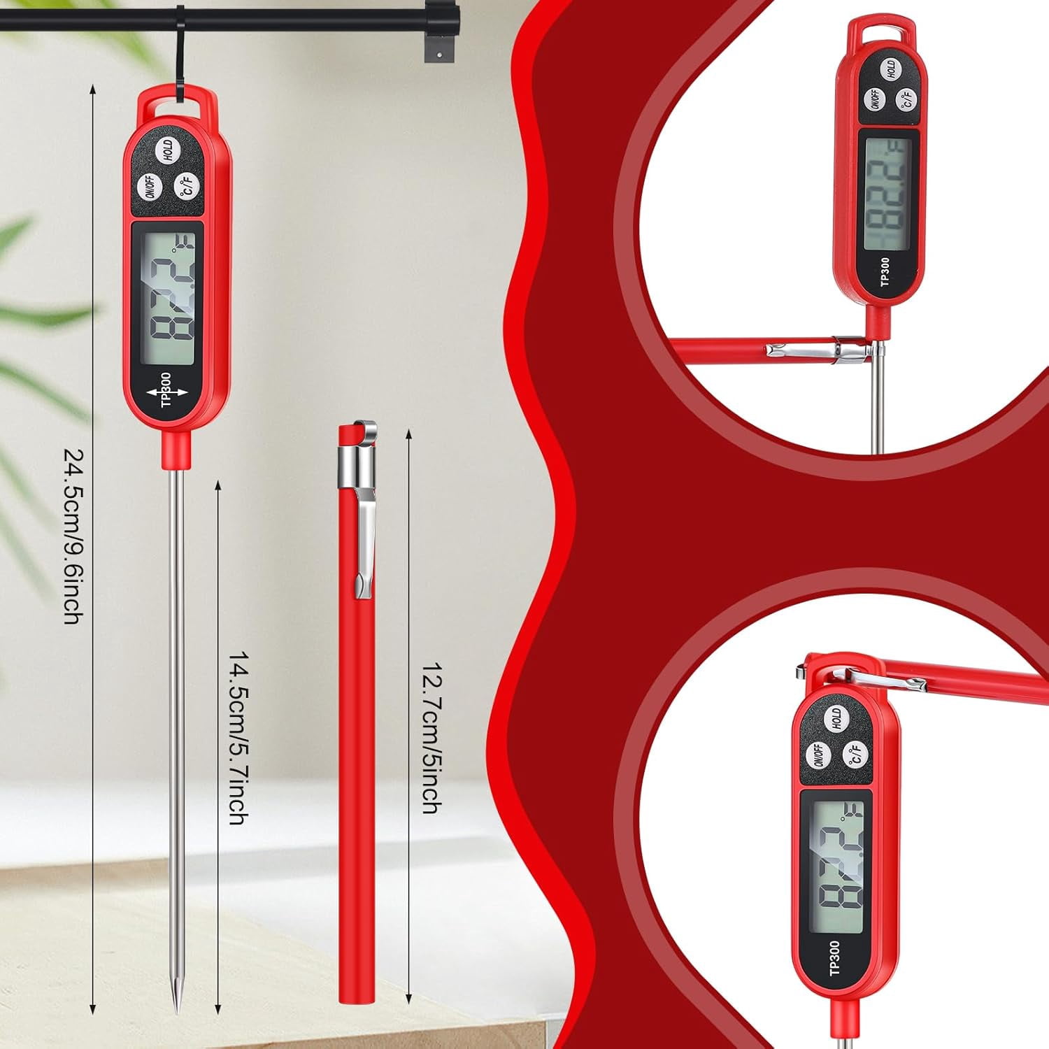 6 Pcs Meat Thermometer Food Thermometer with Probe Water Liquid Instant Read Digital Thermometer Cooking Thermometer Supplies BBQ Kitchen Thermometer for Cooking Milk Yogurt (Red)
