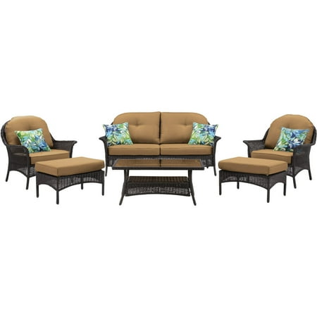 Parlor Sofa Hanover Sun Porch 6-Pc. Resin Lounge Set w/ Handwoven Loveseat, 2 Armchairs, 2 Ottomans, Coffee Table and Plush Country Cork Cushions ()