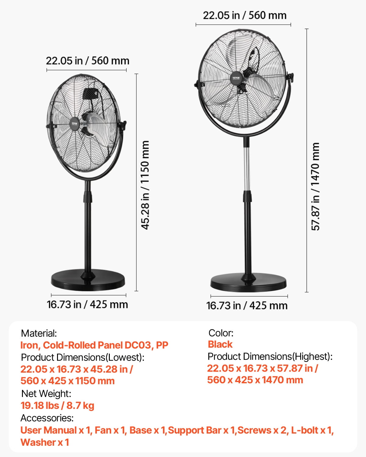 VEVOR Industrial Pedestal Fan, 18 Inch Standing Fan with 45.3 to 57.9 Inches Adjustable Height, Floor Fans with 3 Adjustable Speeds