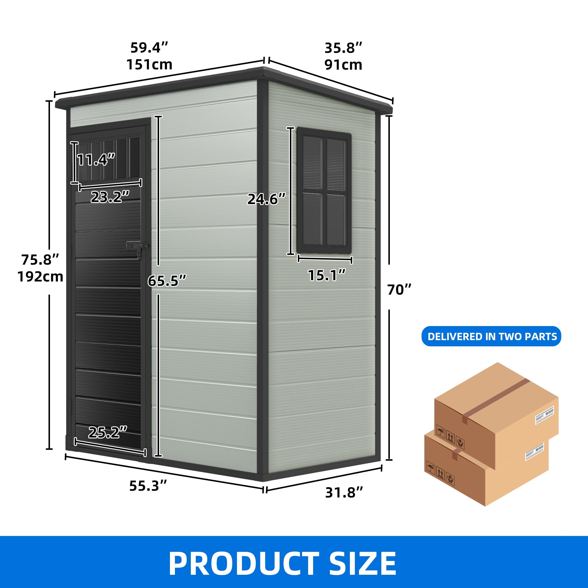 Dextrus 5x3FT Outdoor Storage Shed with Windows, Floor, Lockable Doors, Waterproof Plastic, Blue Gray