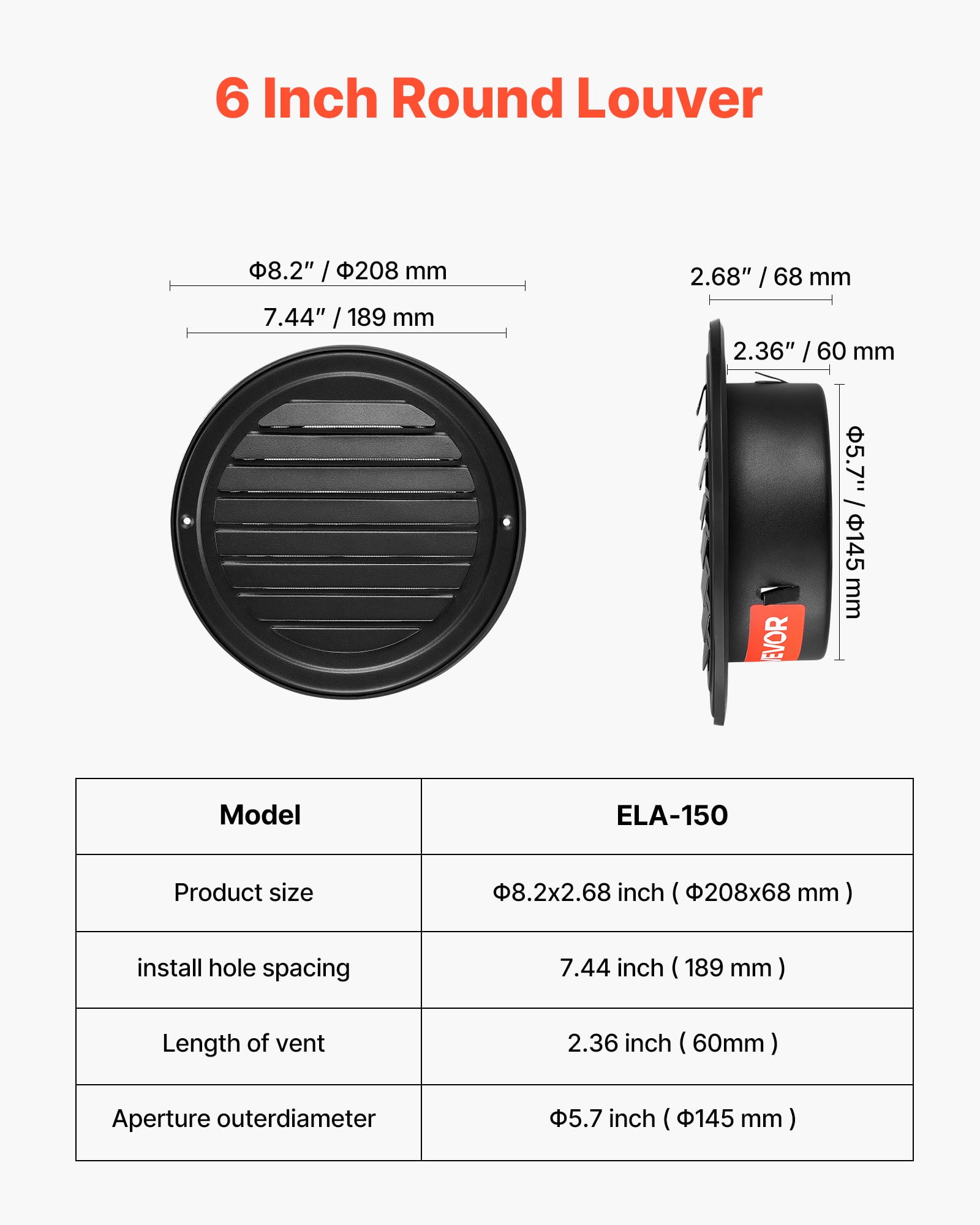 VEVOR 6 inch Wall Vent Cover, Louvered Round AC Vent Gable Cover, Premium Stainless Steel & with Built-in a Protection Screen, for House,Bathroom,Garage,Kitchen,Basement (2 Pack, Black)