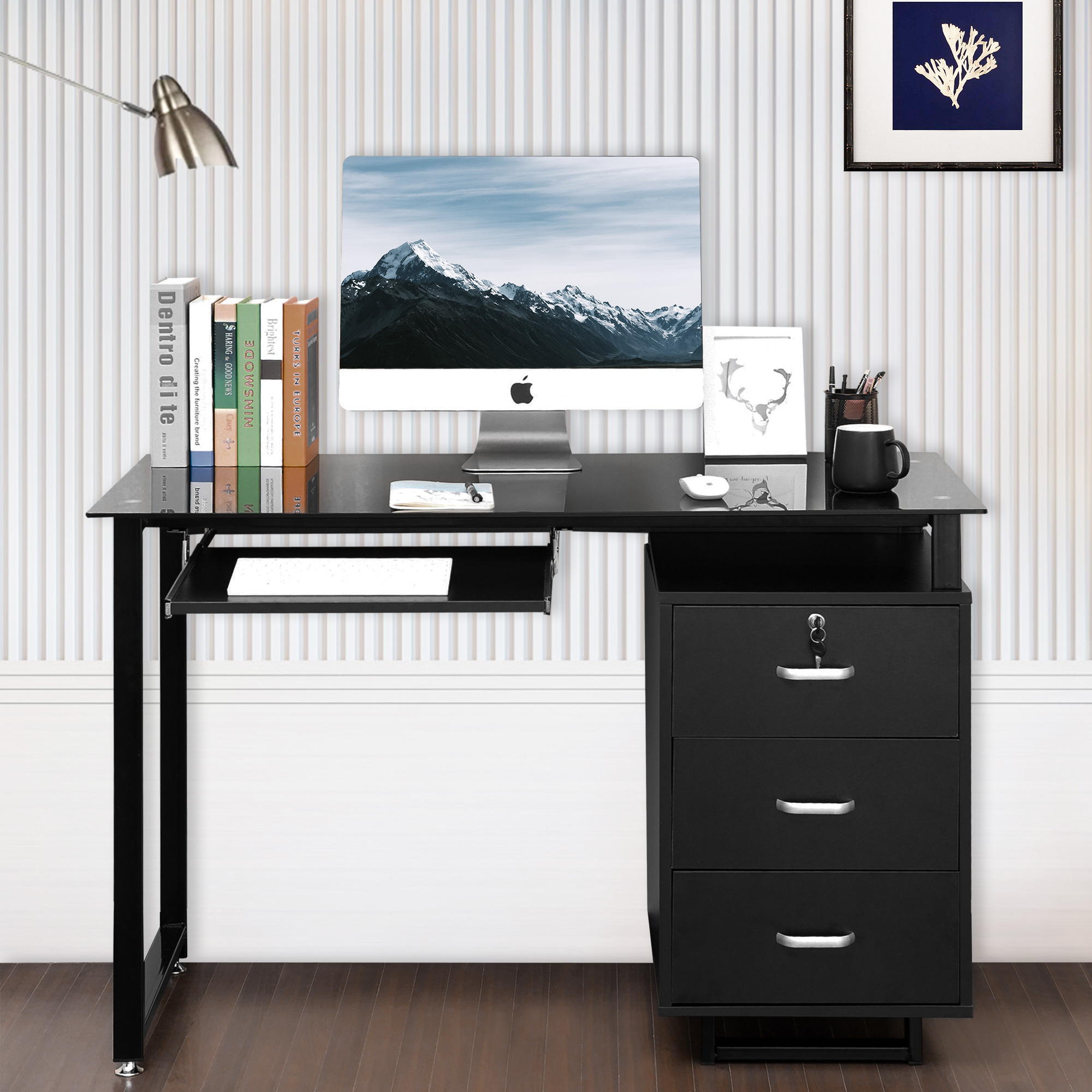 Ktaxon Black 3 Drawers Computer Desk Black Study Workstation Office ...