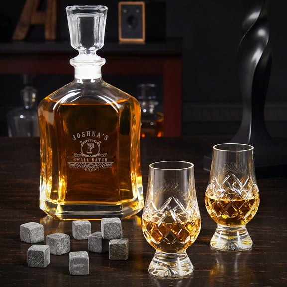 Carraway Engraved Argos Crystal Whiskey Decanter with Cut Crystal Glencairn Glasses