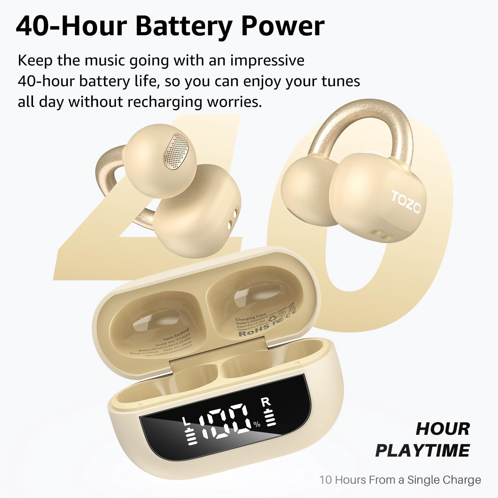 TOZO OpenEarRing True Open Ear Earbuds, Lightweight Comfort Open Ear Clip Wireless Earbuds, 40H Play Bluetooth 5.4 Headphones with Smart Digital Display Design Fit Sports Running, Workout