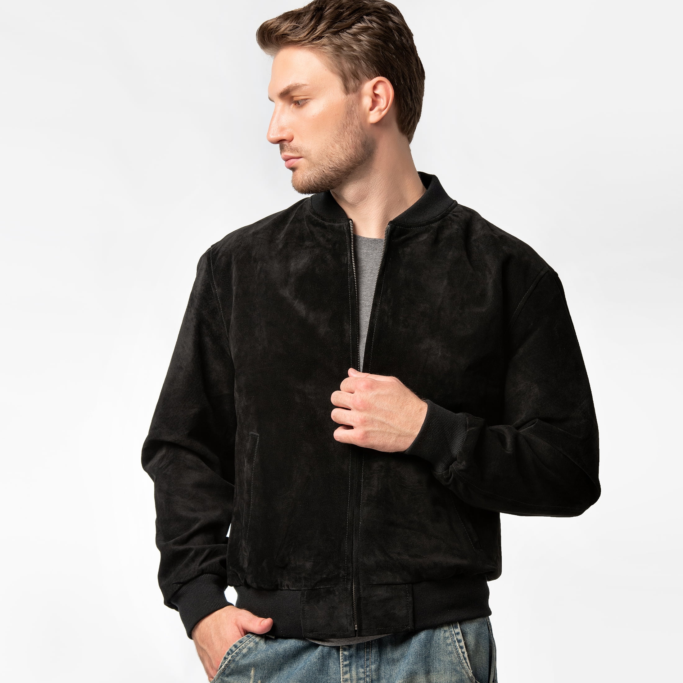 Men's Baseball Leather Jacket Vintage bomber Suede Jackets (3XL, Black)