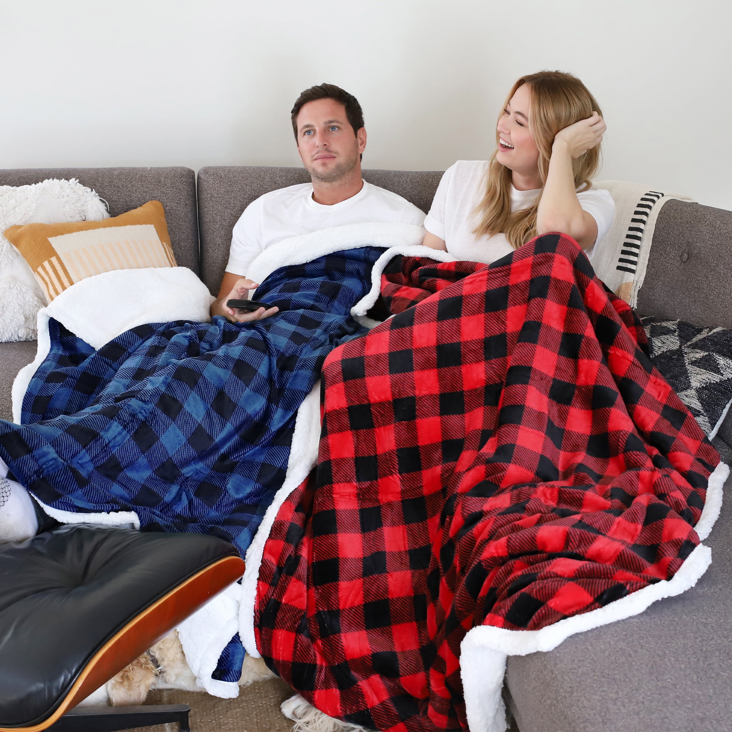 Catalonia Buffalo Plaid Sherpa Throw Blanket, Super Soft Reversible Fleece Blanket for Cabin Bed or Couch, Blue Plaid, 50"" x 60"".