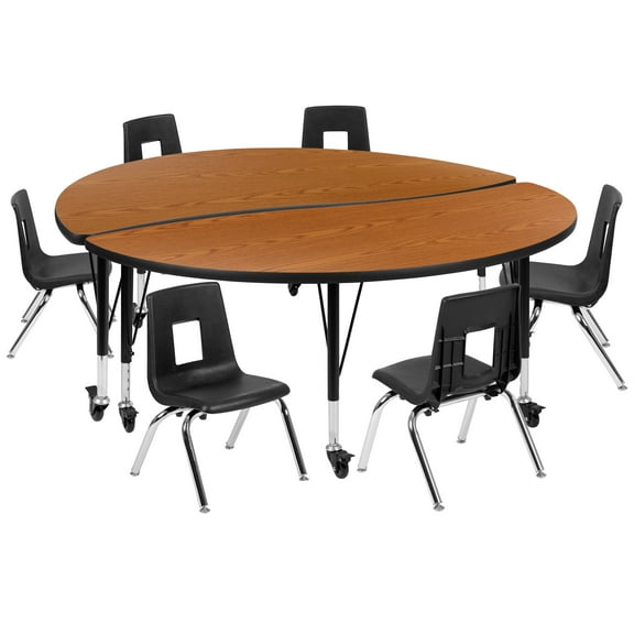 Flash Furniture Emmy Mobile 60" Circle Wave Flexible Laminate Activity Table Set with 12" Student Stack Chairs, Oak/Black