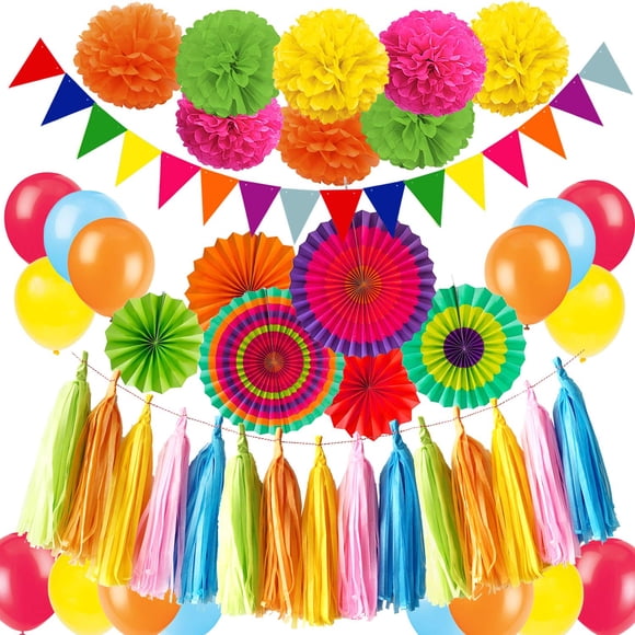 ZERODECO Décorations Holi, Éventails en Papier Suspendus Multicolores Vibrants Pompons Ballons en Latex Papier de Soie Guirlande Triangle pour Fiesta Cinco de Mayo Mexicaine Décorations Holi