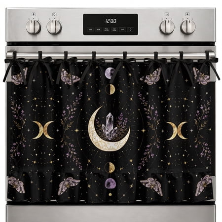Oven Skirt Curtain Crystal Star Moon Butterfly Oven Curtain with 8 Ribbon Ties & Ruffle Boho Mysterious Starry Night Oven Skirts for Stove Dishwasher Cabinet Over Sinks Kitchen Decor 27x20 Inch