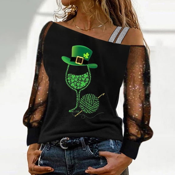 Baqcunre Womens Tops,Casual Wine Glass Print Mesh Long Sleeve Spliced Top,St. Patrick's Day Shirts for Women Womens Holiday Tops,Graphic Tees for Women Black S-XXL