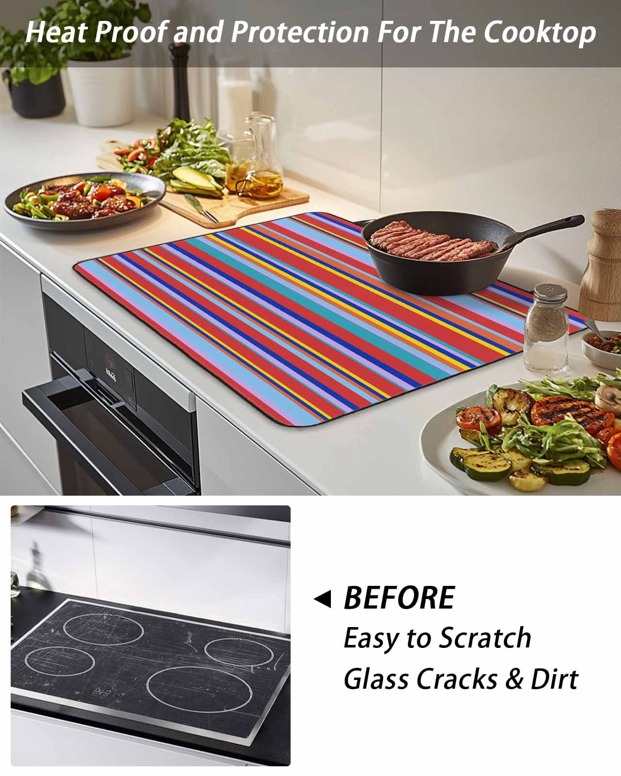 Stove Top Covers for Electric Stove, Rainbow Striped Glass Stovetop Cover Protector, Red Blue Yellow Geometric Abstract Induction Cooktop Protector Oven Mat for Kitchen Countertop 24"x21"