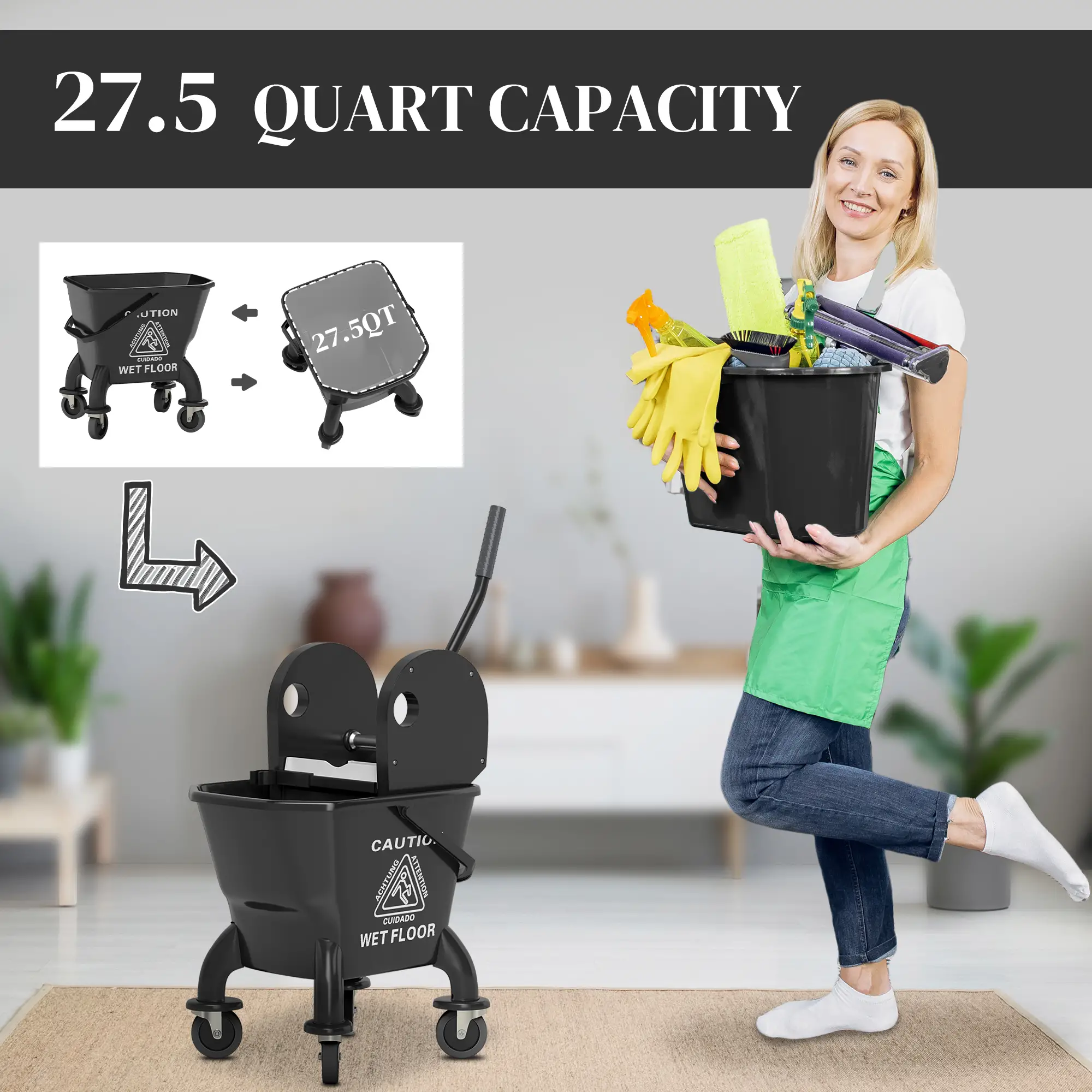 Mop Bucket with Wringer on Wheels for Floor Cleaning, 27.5 Quart Down Press Wringer with Handle & Mop – Black