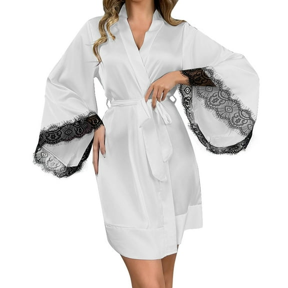 Ujnder Women's Silk Robe Short Lace Trim Satin Kimono Bridal Robe 3/4 Sleeves Comfortable Nightgown White M