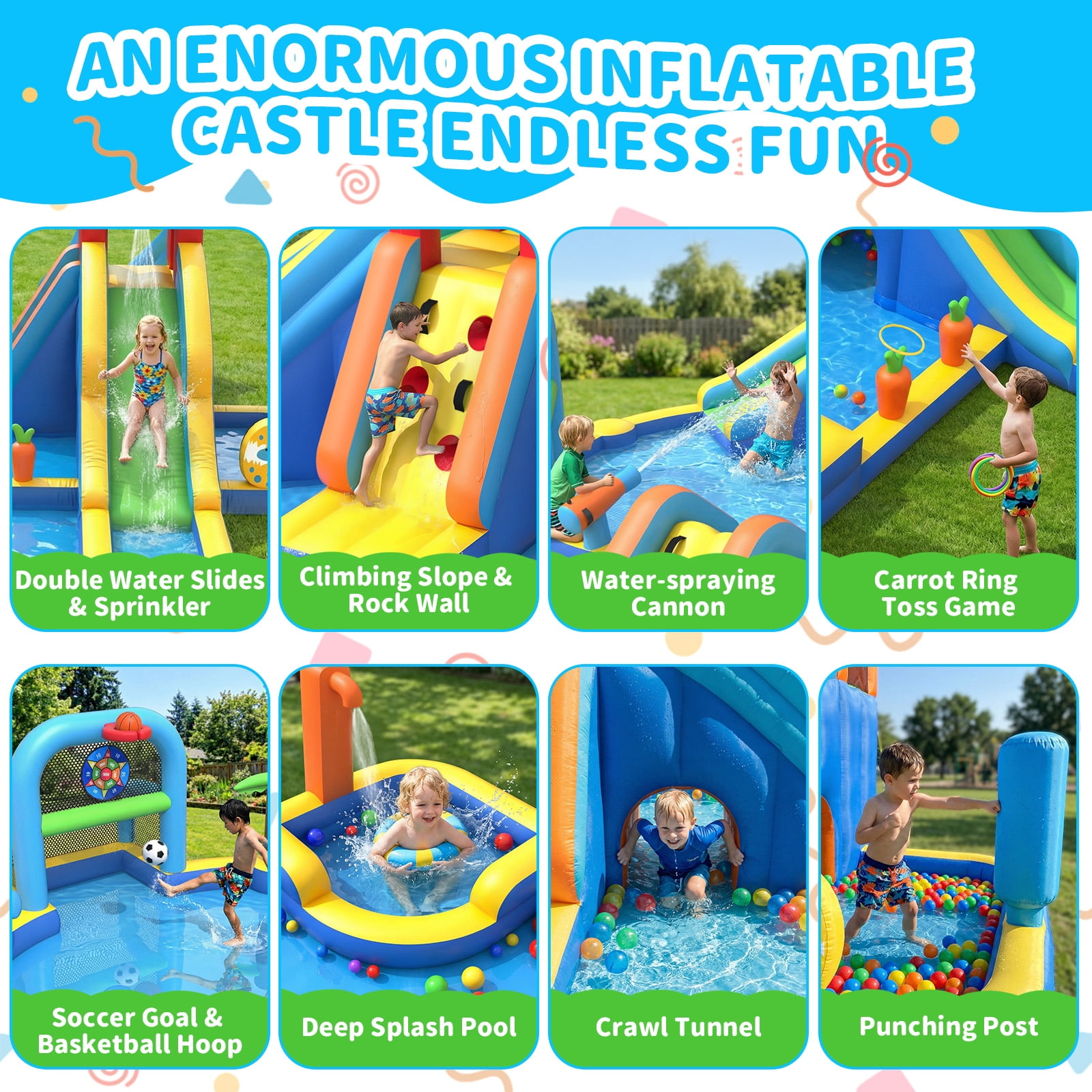 TULILLO 10 in 1 Inflatable Water Slide Kids Bounce House with Splash Pool & Water Gun & Basketball & Climbing Wall & Dual Pools & Soccer,750W Air Blower