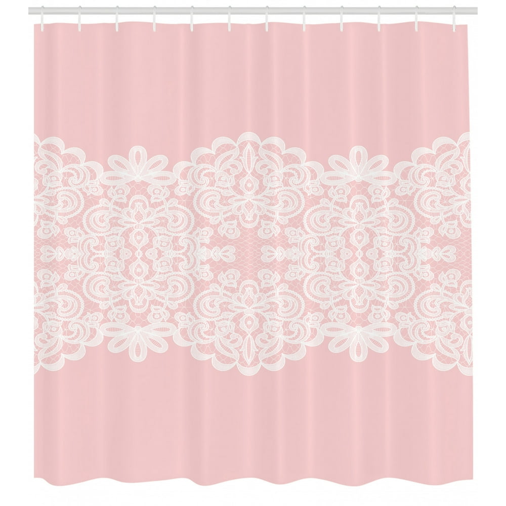 Pink and White Shower Curtain, White Needlework Ornament on Pastel