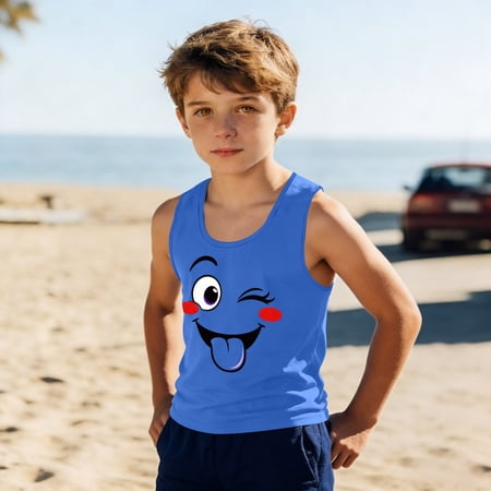 Eltusu Boys Cotton Tank Tops Crew Neck Sleeveless Cute Funny Summer Tops Shirts Blue Size 10-12 T