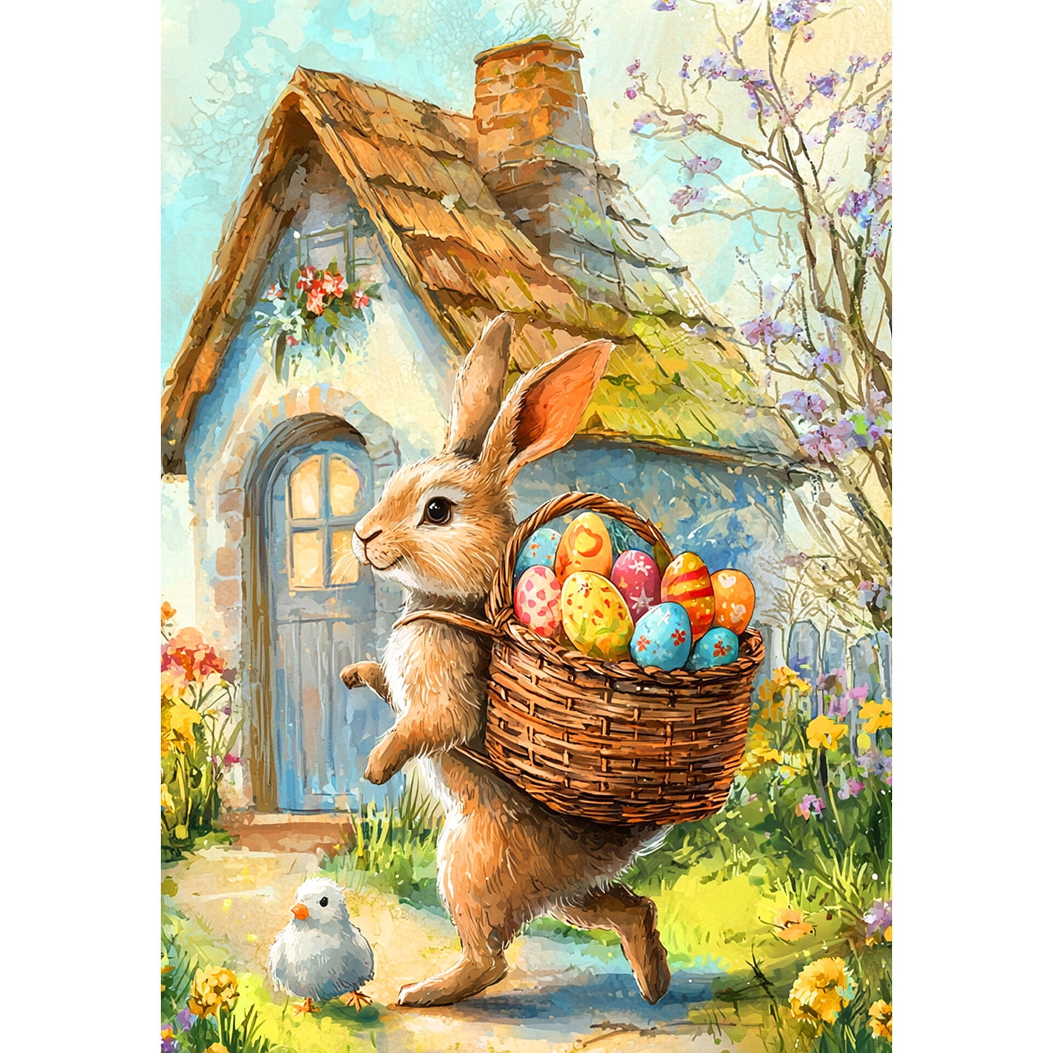 America Forever Easter Bunny Cottage House Flag, 28 x 40 inch Double Sided, Rabbit Basket Chick, Spring Storybook Fairytale, Traditional Flag