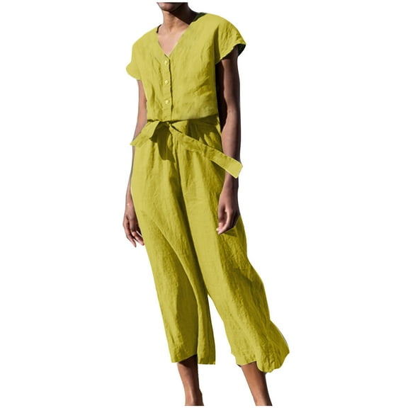 ShomPort Jumpsuit for Women Summer Casual Cotton Linen Belted Wide Leg Rompers V-Neck Button Short Sleeve Rompers