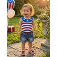 thumbnail image 4 of BemeyourBBs Toddler Baby Girl 4th of July Outfit Baby Girl Denim Summer Outfit Patriot Independence Day Clothes Sleeveless Star Striped Print Ribbed Tank Tops and Ripped Jeans Denim Shorts Set, 4 of 9