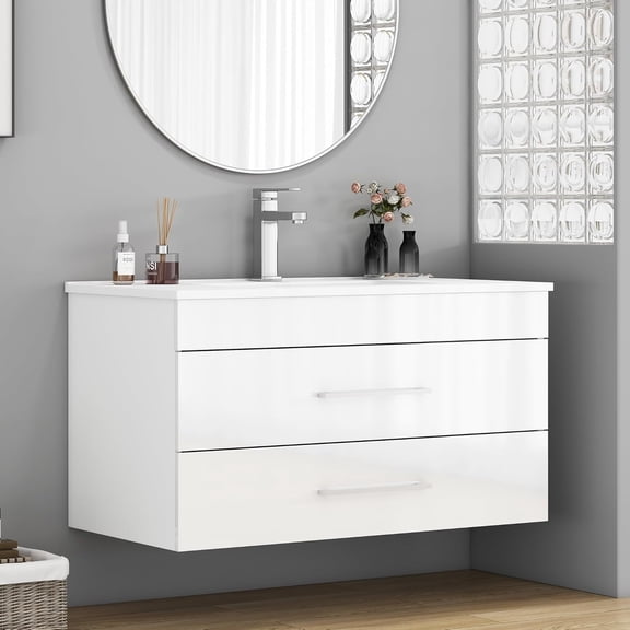 Villachico 36" Wall Mounted Bathroom Vanity with Sink, High Gloss White Floating Cabinet, Modern Soft Close Drawers with Organizer Dividers, Integrated Ceramic Top, Chrome Handles for Powder Room