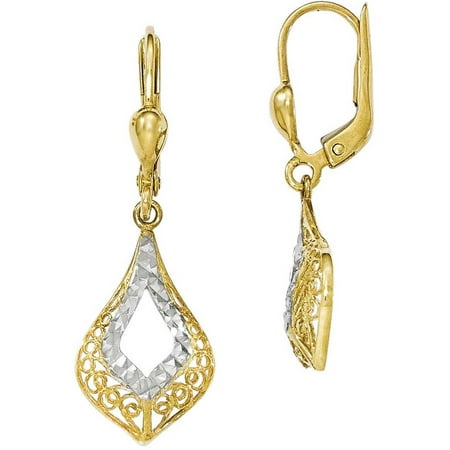 10kt Gold with White Rhodium Diamond-Cut Leverback Earrings